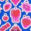 Bright vector seamless pattern of strawberry, heart, kiss, lips on blue background. Love and passion. Playful, fun Royalty Free Stock Photo