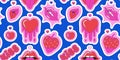 Bright vector seamless pattern of strawberry, heart, kiss, lips on blue background. Love and passion. Playful, fun Royalty Free Stock Photo