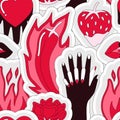 Bright vector seamless pattern of strawberry, heart, kiss, lips on gray background. Love and passion. Playful, fun Royalty Free Stock Photo