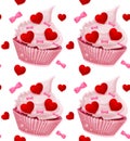 bright vector seamless pattern with valentines day cupcake, hearts and bows, romantic pattern