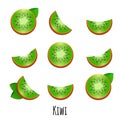 Bright vector set of colorful half, slice and whole of fresh kiwi. Fresh cartoon kiwi set isolated on white background Royalty Free Stock Photo