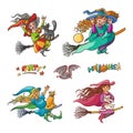 Bright vector set girls witches on broom with cats. Illustration cheerful, humorous young magician and pet to all saints Royalty Free Stock Photo