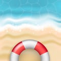 Bright vector summer sandy beach with sea waves and red and whit