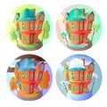 Bright vector volume icons of old houses in Victorian style. in cartoon child. Seasons. Summer, spring, winter