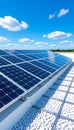 Rooftop Solar Panels Under Bright Blue Sky and Clouds Ai Generated Royalty Free Stock Photo