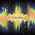 Bright vertical lines of spectral rainbow color on dark background. Neural network. Perturbation of space
