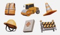 Bright vest, road roller, signal cone, construction helmet, bag of cement, portable barrier