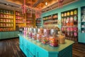 bright and vibrant candy shop, with cheery colors and custom packaging