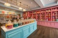 bright and vibrant candy shop, with cheery colors and custom packaging