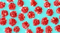 Bright vibrant red sparkling glitter raspberries on light blue background. Collage style. Top view. Summer fresh