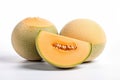 A bright and vibrant stock photo of fresh Cantaloupes on a pristine white background Royalty Free Stock Photo