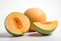 A bright and vibrant stock photo of fresh Cantaloupes on a pristine white background Royalty Free Stock Photo