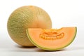 A bright and vibrant stock photo of fresh Cantaloupes on a pristine white background Royalty Free Stock Photo