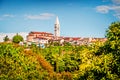 Bright view of small town Vrsar Orsera and St. Martin Catholic Church. Colorful spring cityscape of  Croatia, Europe. Traveling Royalty Free Stock Photo