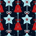 Bright vintage holiday season vertical seamless pattern with christmas bells, stars and bows