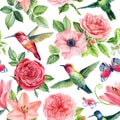 Bright vintage seamless background pattern. Rose, anemones, lilies with hummingbirds. hand drawn watercolor