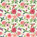 Bright vintage seamless background pattern. Rose, anemones, lilies with hummingbirds. hand drawn watercolor