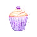 Bright violet cupcake with yellow cream and berry. Vector watercolor illustration.