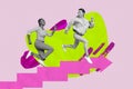 Bright vivid poster banner collage of two people running fast on competition follow line purpose aim