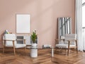 Bright waiting room interior with empty white poster, two armchairs Royalty Free Stock Photo