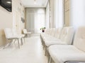 Bright waiting room in private dental clinic, white waiting hall interior in private hospital