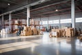 Bright warehouse with packages on shelves and pallets