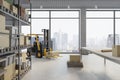 Bright warehouse with racks, boxes, city view and daylight. Logistics and shipping concept.