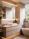 Bright washroom with vanity, basin, and reIndoor space featuring green potted plants and couches. Interior flection