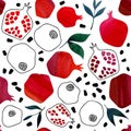 Bright watercolor and black line seamless pattern with leaf, pomegranate, of half, whole garnet fruit.