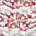 Bright watercolor christmas seamless pattern with funny winter village.