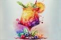 Bright watercolor colorful cocktail with a slice of orange on the background of watercolor stains, berries and leaves. Royalty Free Stock Photo