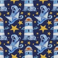 Watercolor pattern, lighthouse, paper boat, waves and stars on dark background. Childish pattern for variouns products. Royalty Free Stock Photo