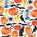 Bright watercolor halloween illustration with thematic elements Royalty Free Stock Photo