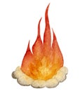 Bright watercolor illustration, burning tourist bonfire, stone fire pit. The element is isolated on a white background.