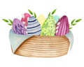 Bright watercolor illustration, Easter basket with colorful eggs, green leaves and willow isolated on white background. Royalty Free Stock Photo