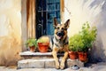 bright watercolor illustration, German Shepherd in front of an atmospheric door to a house, sobbing pots of flowers