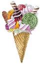 Bright watercolor illustration of sweetness in a waffle cone