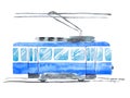 Bright Watercolor Illustration of Traditional Public Tram