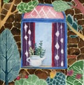 A bright watercolor illustration of vista with window and garden. European country cottage, a cute illustration
