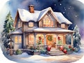 Bright Watercolor illustration of a wooden house with christmas trees and gifts in winter - fabulous facade of a cozy house in the