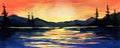 Bright watercolor landscape of colorful sunset at mountain lake. Glowing orange sky, sunlight on water surface, pines silhouettes