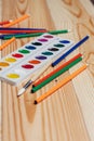 bright watercolor paint colored pencils stationery art Royalty Free Stock Photo