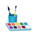 Bright watercolor paints in box and brushes in cup. Tools for drawing. Graphic design element for children s art class Royalty Free Stock Photo