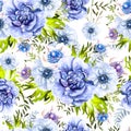 Bright watercolor pattern with anemone flowers and berry. Royalty Free Stock Photo