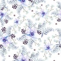 Bright watercolor pattern with anemone flowers, berry and leaves Royalty Free Stock Photo