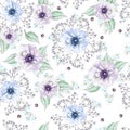 Bright watercolor pattern with anemone flowers, forget-me-nots Royalty Free Stock Photo