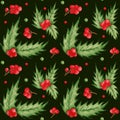 Bright watercolor pattern, holly and red berries on a green background. Pattern for New Year, Christmas products, etc.