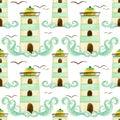 Bright watercolor pattern, lighthouse, waves and birds on white background. Seamless pattern for variouns products.