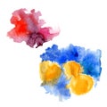 Bright watercolor pink-red stain drips and Blue yellow watercolor splash on white background. Vector