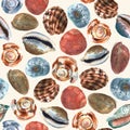 Bright watercolor seamless pattern with colorful sea shells for decorative design. Artistic backdrop. Watercolor Royalty Free Stock Photo